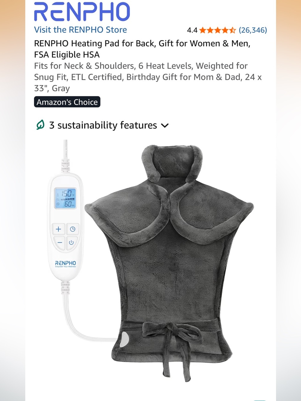 RENPHO Gray Electric Heating Pad for Neck & Shoulders